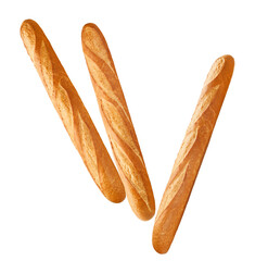 three golden baguettes diagonally positioned radiate warmth and deliciousness, symbolizing culinary heritage and simple joys in a transparent background