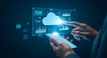 Person using smartphone interacting with cloud computing technology interface, visualizing data charts and graphs.