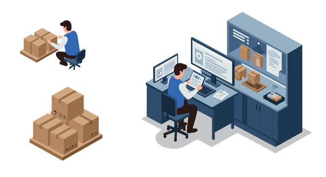 Isometric warehouse management: worker handling packages and inventory on computer screens