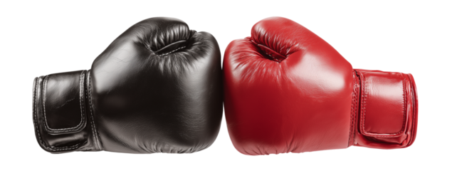 A close up view of boxing gloves in black and red colors touching each other on a black background