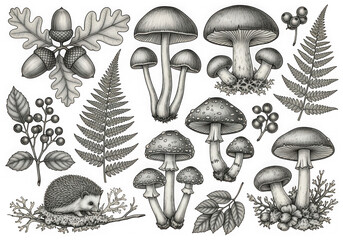 Detailed black and white botanical collage of forest fungi oak leaves berries and ferns isolated on transparent background