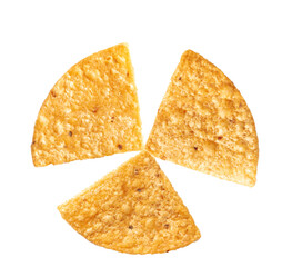 three crispy tortilla chips forming a tasty trifecta, inviting snack time fun and savory satisfaction, ideal for parties, dips, or casual bites