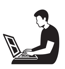 Laptop User Silhouette Vector – Black and White Illustration of Remote Work, Online Learning, and Digital Interaction