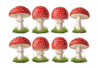 Eight vibrant red and white spotted amanita muscaria mushrooms with green grass accents isolated on transparent background