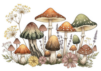 Enchanting forest mushroom collection detailed nature art displayed mystical fungi garden isolated on transparent background