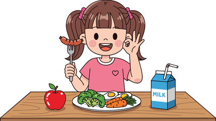 Cartoon girl eating healthy food, balanced meal, vegetables, apple, milk carton, smiling child, nutrition, table, fork, sausage, pink shirt