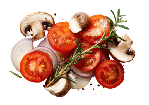 Overhead view of sliced tomatoes, mushrooms, onions, and rosemary