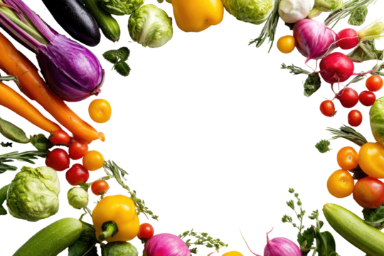 Colorful fresh vegetables arranged in a circular border against black
