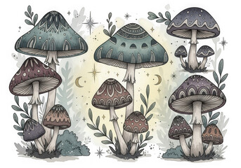 Enchanting forest fungi grouped together with detailed textures and mystical aura isolated on transparent background