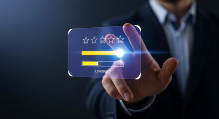 Man touching virtual screen with loading bar and five star rating, waiting for process to finish