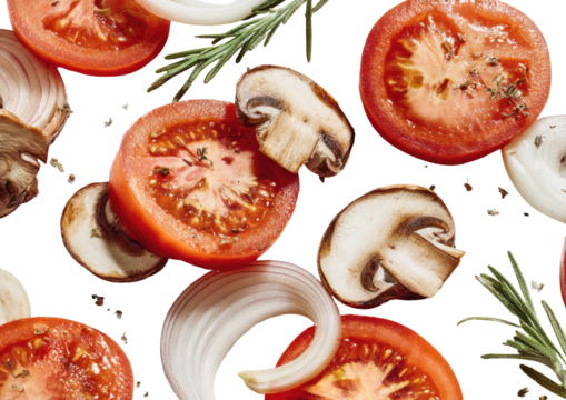 Fresh ingredients for cooking tomatoes, mushrooms, onions, rosemary