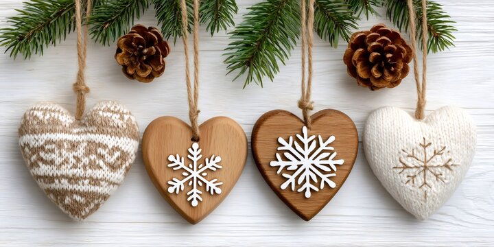Hanging christmas knit and wooden heart decorations