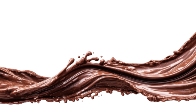 A rich, flowing wave of liquid chocolate splashes dynamically