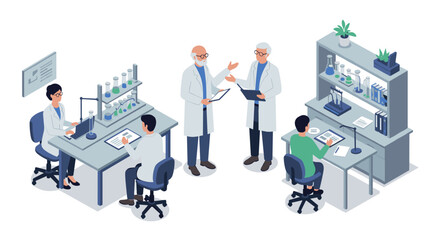Scientific collaboration in modern laboratory setting with researchers and equipment in isometric style