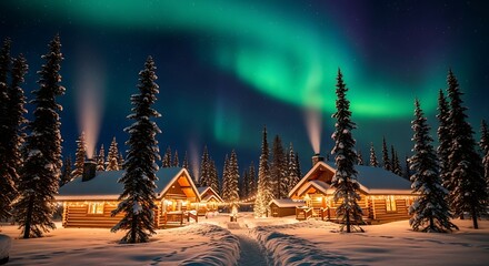 Cozy cabins nestled in a snowy landscape under the vibrant aurora borealis.