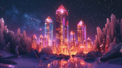 A stunning landscape of towering crystals illuminated by vibrant colors under a starry night sky