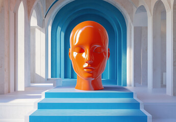 A large orange head is sitting on a blue staircase in a room with blue walls
