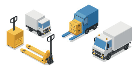 Isometric delivery trucks and pallet jacks for logistics and transportation design