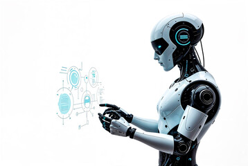 A robot is holding a tablet and is looking at a screen