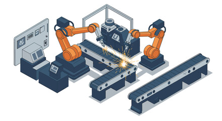 Obraz premium Isometric robotic assembly line with conveyor belts and welding sparks