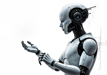 A robot is holding a tablet and is looking at a screen