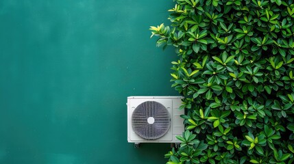 Air conditioning unit partially obscured by lush green foliage against a vibrant teal wall, creating a refreshing ambiance