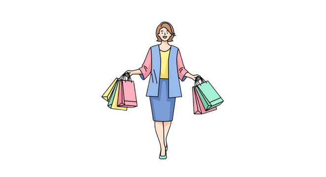 Cheerful Cartoon Woman Walking and Holding Shopping Bags After a Successful Retail Therapy Trip