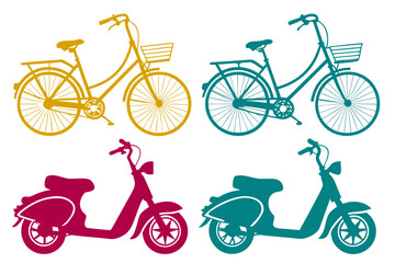 Obraz premium Bicycle and Scooter Silhouette Pack Isolated on White Background
