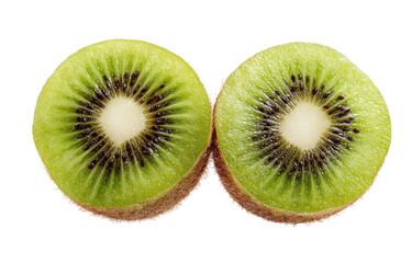Two vibrant kiwi halves showcase their green flesh and black seeds
