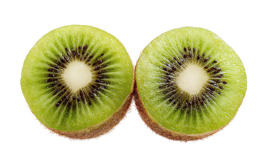 Two vibrant kiwi halves showcase their green flesh and black seeds
