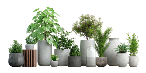 Assorted potted plants and vases arranged on black
