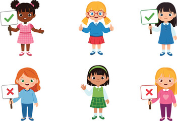 Cartoon girls with signs, check mark and cross, approval and disapproval, educational illustration, diverse children, behavior choices, decision symbols