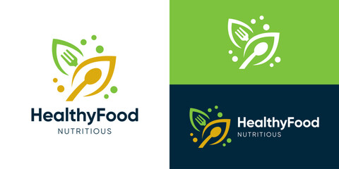 Creative simple healthy food logo template. Abstract leaf with fork spoon for Organic food logo design vector illustration.