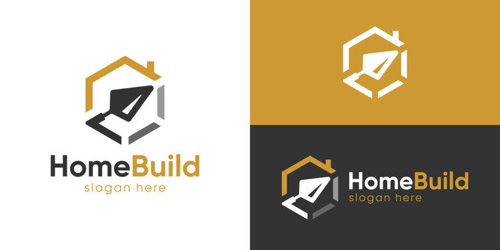 Creative simple home build logo template. Trowel cement with home symbol logo design vector illustration.