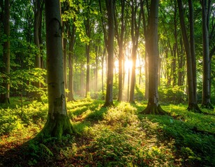 Obraz premium Sunlit forest with trees, green foliage, and rays of light