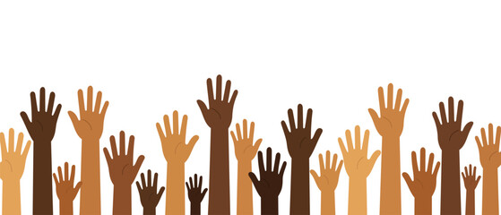 Flat vector illustration of diverse raised hands showing unity and equality. Group of people with different skin tones reaching up together.