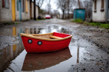 Obraz premium Red toy boat floating in muddy puddle reflecting sky