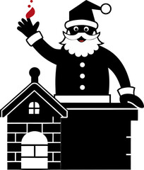 Santa Claus waving from chimney rooftop silhouette vector black , white background