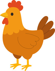 Flat vector illustration of a chicken in simple cartoon style. Cute brown hen farm animal.