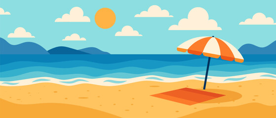 Flat vector beach landscape with sun, sea, mountains, and umbrella. Summer vacation illustration with bright blue sky and sand.