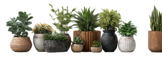 A collection of potted plants in various containers