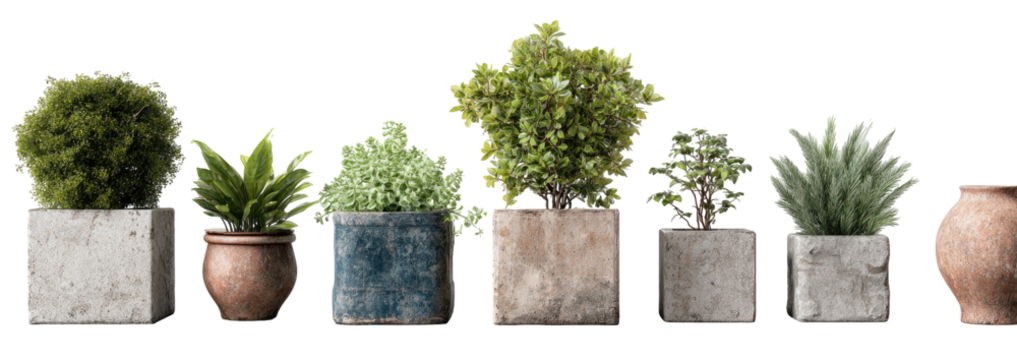Row of potted plants and a terracotta vase