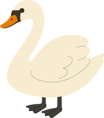 Elegant white swan cartoon vector in flat style. Graceful bird with wings and orange beak, standing and smiling.