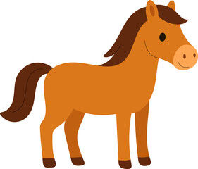 Flat vector illustration of a cute horse with dark mane and tail. Farm animal cartoon design.