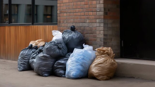 Piled garbage bags against urban brick wall on city street corner