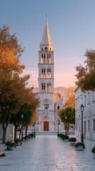 Fototapeta premium Elegant European Cathedral Steeple Bathed in Golden Hour Sunlight with Autumn Trees Lining a Paved Pathway in a Historic European City