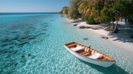 Obraz premium Serene Tropical Beach Scene with a Wooden Rowboat on Crystal Clear Turquoise Water and Lush Green Foliage Above White Sand