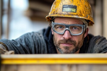 Focused male carpenter using level tool at construction site