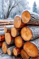 Stacked logs with frost covering wood in winter forest