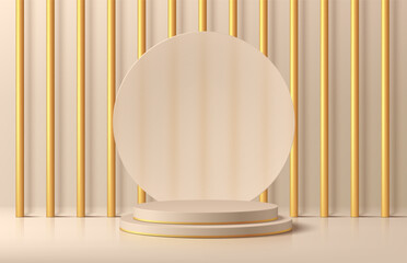 3D beige cylindrical podium background with circle backdrop, Golden pillars. Minimalist mockup pedestal abstract stand product display presentation, Stage showcase. Platforms vector geometric design.